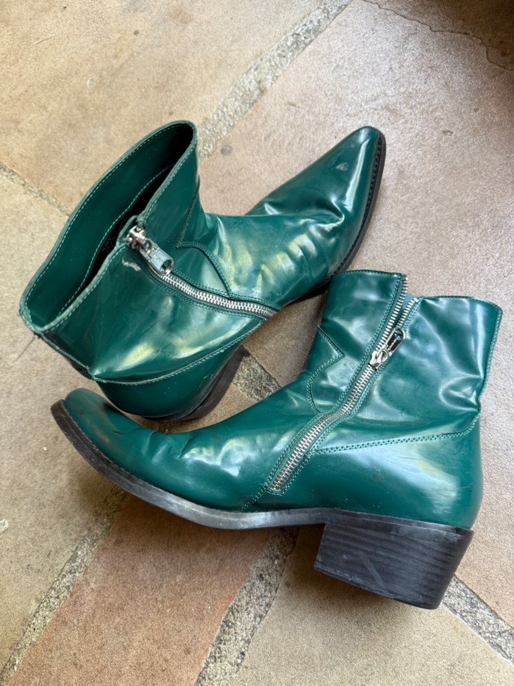 Calvin Klein Jeans Emerald Green Leather Ankle Boots with Side Zippers